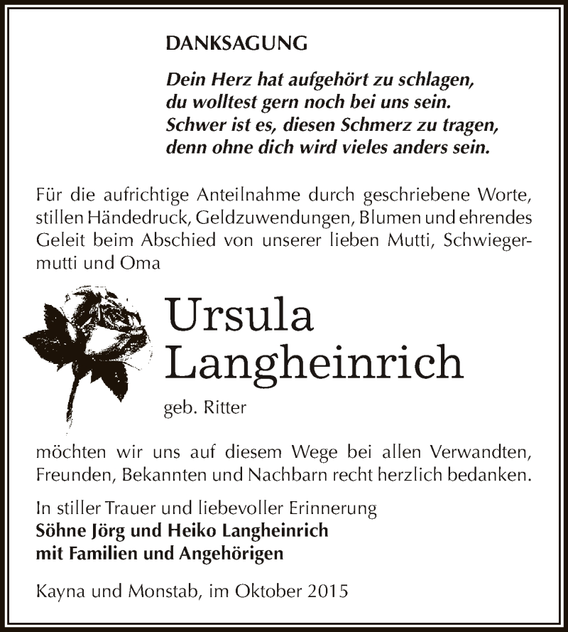  Traueranzeige für Ursula Langheinrich vom 17.10.2015 aus Super Sonntag Zeitz