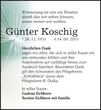 Traueranzeige von Günter Koschig von Mitteldeutsche Zeitung Weißenfels