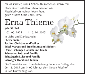 Traueranzeige von Erna Thieme von Mitteldeutsche Zeitung Merseburg/Querfurt