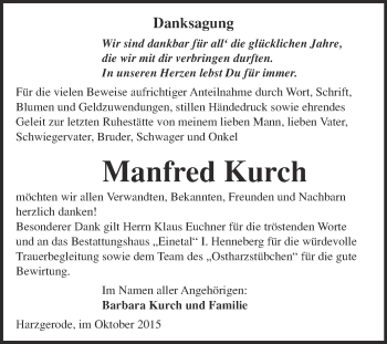 Traueranzeige von Manfred Kurch von Super Sonntag Quedlinburg