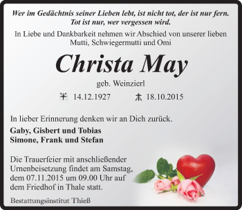 Traueranzeige von Christa May von Mitteldeutsche Zeitung Quedlinburg