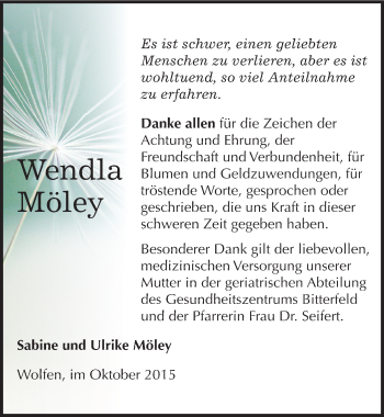 Traueranzeige von Wendla Möley von Mitteldeutsche Zeitung Bitterfeld