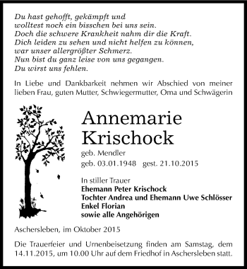 Traueranzeige von Annemarie Krischock von Mitteldeutsche Zeitung Aschersleben