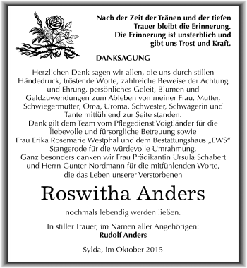 Traueranzeige von Roswitha Anders von Mitteldeutsche Zeitung Mansfelder Land