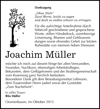 Traueranzeige von Joachim Müller von Mitteldeutsche Zeitung Wittenberg