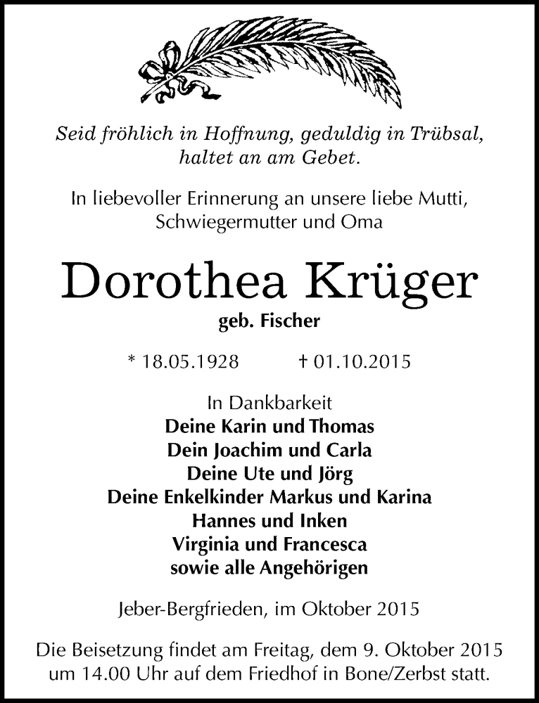 Traueranzeige für Dorothea Krüger vom 06.10.2015 aus Mitteldeutsche Zeitung