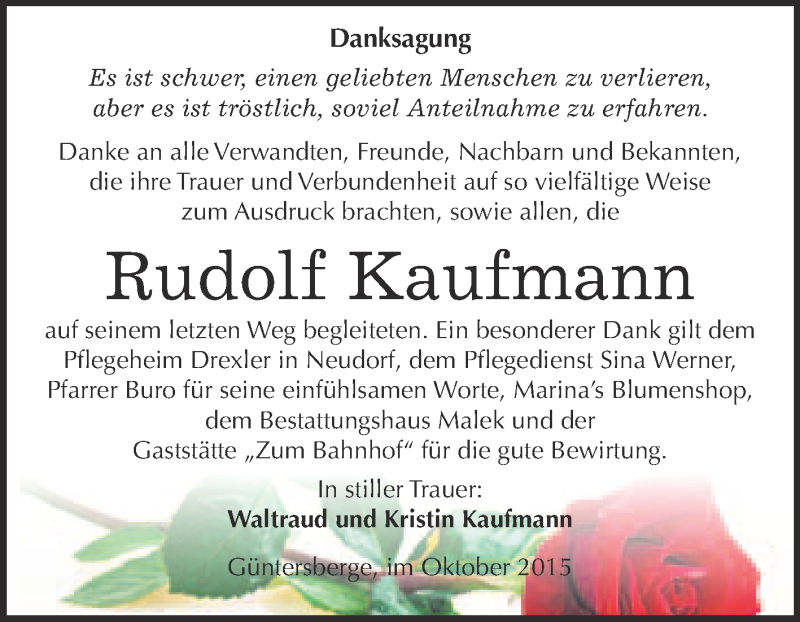  Traueranzeige für Rudolf Kaufmann vom 21.10.2015 aus WVG - Wochenspiegel Quedlinburg