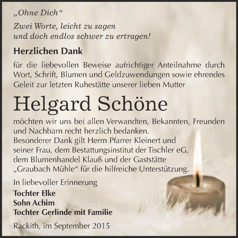  Traueranzeige für Helgard Schöne vom 03.10.2015 aus WVG - Wochenspiegel Wittenberg