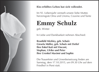 Traueranzeige von Emmy Schulz von WVG - Wochenspiegel Dessau / Köthen
