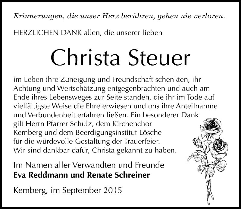  Traueranzeige für Christa Steuer vom 10.10.2015 aus Mitteldeutsche Zeitung Wittenberg