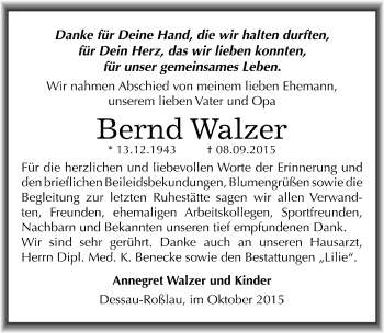 Traueranzeige von Bernd Walzer von Mitteldeutsche Zeitung Dessau-Roßlau