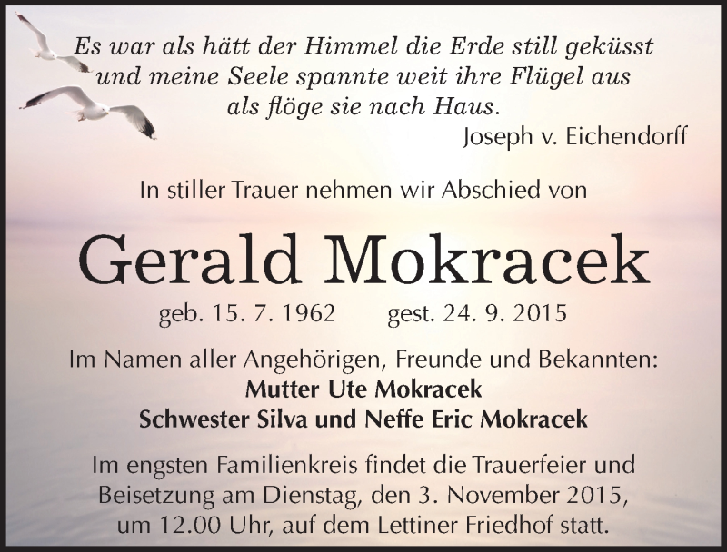  Traueranzeige für Gerald Mokracek vom 23.10.2015 aus Mitteldeutsche Zeitung Halle/Saalkreis