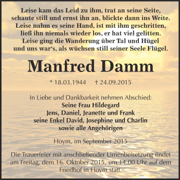 Traueranzeige von Manfred Damm von Super Sonntag Aschersleben