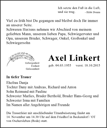 Traueranzeige von Axel Linkert von Mitteldeutsche Zeitung Halle/Saalkreis