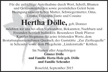 Traueranzeige von Hertha Dölle von WVG - Wochenspiegel Dessau / Köthen