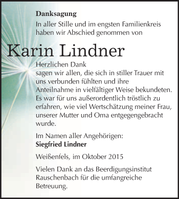 Traueranzeige von Karin Lindner von WVG - Wochenspiegel NMB / WSF / ZTZ