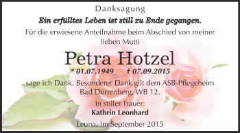 Traueranzeige von Petra Hotzel von WVG - Wochenspiegel Merseburg