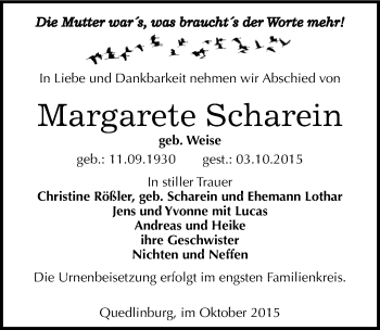 Traueranzeige von Margarete Scharein von Mitteldeutsche Zeitung Quedlinburg