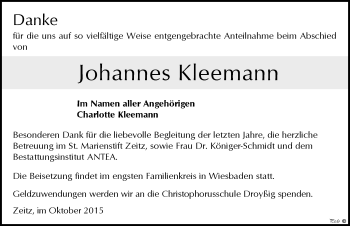 Traueranzeige von Johannes Kleemann von Mitteldeutsche Zeitung Zeitz
