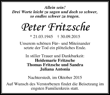 Traueranzeige von Peter Fritzsche von Mitteldeutsche Zeitung Aschersleben
