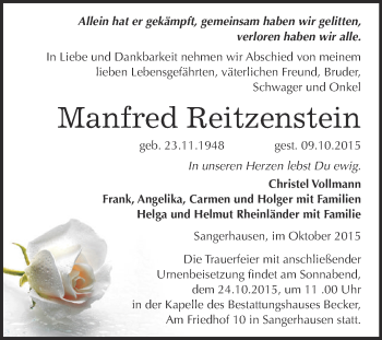 Traueranzeige von Manfred Reitzenstein von Super Sonntag SGH Mansf. Land