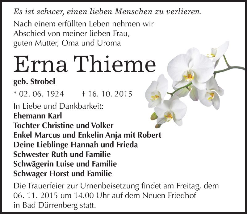  Traueranzeige für Erna Thieme vom 21.10.2015 aus Mitteldeutsche Zeitung Merseburg/Querfurt