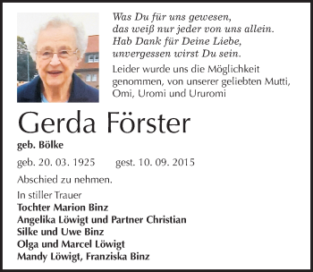 Traueranzeige von Gerda Förster von Mitteldeutsche Zeitung Dessau-Roßlau