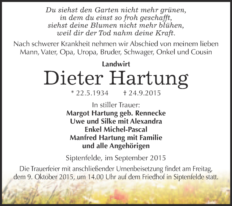  Traueranzeige für Dieter Hartung vom 03.10.2015 aus WVG - Wochenspiegel Quedlinburg