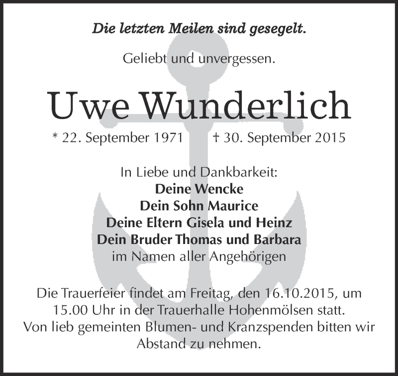  Traueranzeige für Uwe Wunderlich vom 07.10.2015 aus WVG - Wochenspiegel NMB / WSF / ZTZ