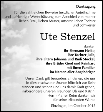 Traueranzeige von Ute Stenzel von Mitteldeutsche Zeitung Sangerhausen