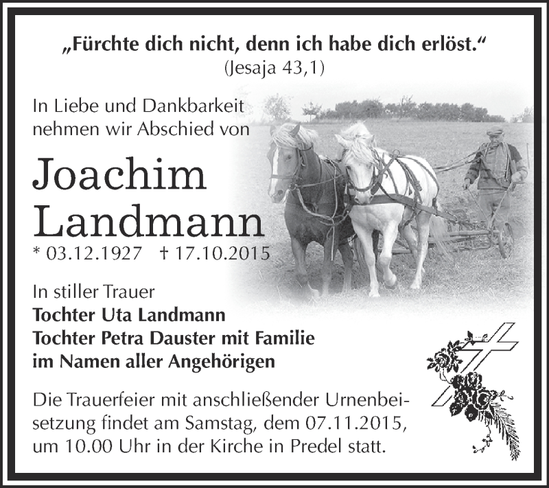  Traueranzeige für Joachim Landmann vom 24.10.2015 aus Super Sonntag Zeitz