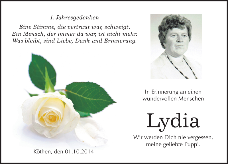  Traueranzeige für Lydia Schulze vom 01.10.2015 aus Mitteldeutsche Zeitung Köthen
