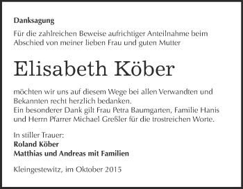 Traueranzeige von Elisabeth Köber von WVG - Wochenspiegel NMB / WSF / ZTZ