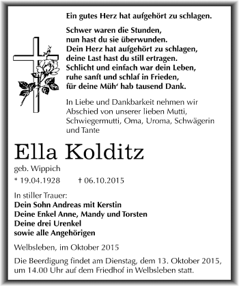 Traueranzeige von Ella Kolditz von Mitteldeutsche Zeitung Mansfelder Land