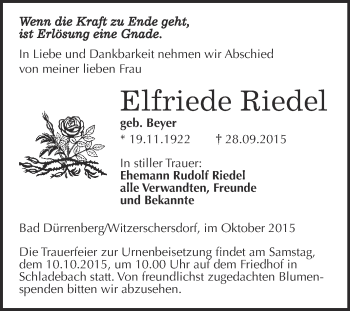 Traueranzeige von Elfriede Riedel von Super Sonntag Merseburg