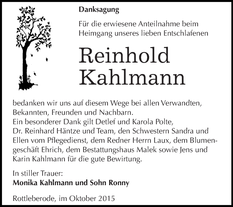  Traueranzeige für Reinhold Kahlmann vom 10.10.2015 aus Super Sonntag SGH Mansf. Land