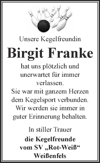 Traueranzeige von Birgit Franke von WVG - Wochenspiegel NMB / WSF / ZTZ