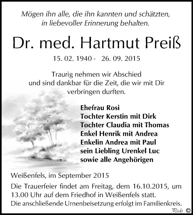  Traueranzeige für Hartmut Preiß vom 07.10.2015 aus WVG - Wochenspiegel NMB / WSF / ZTZ