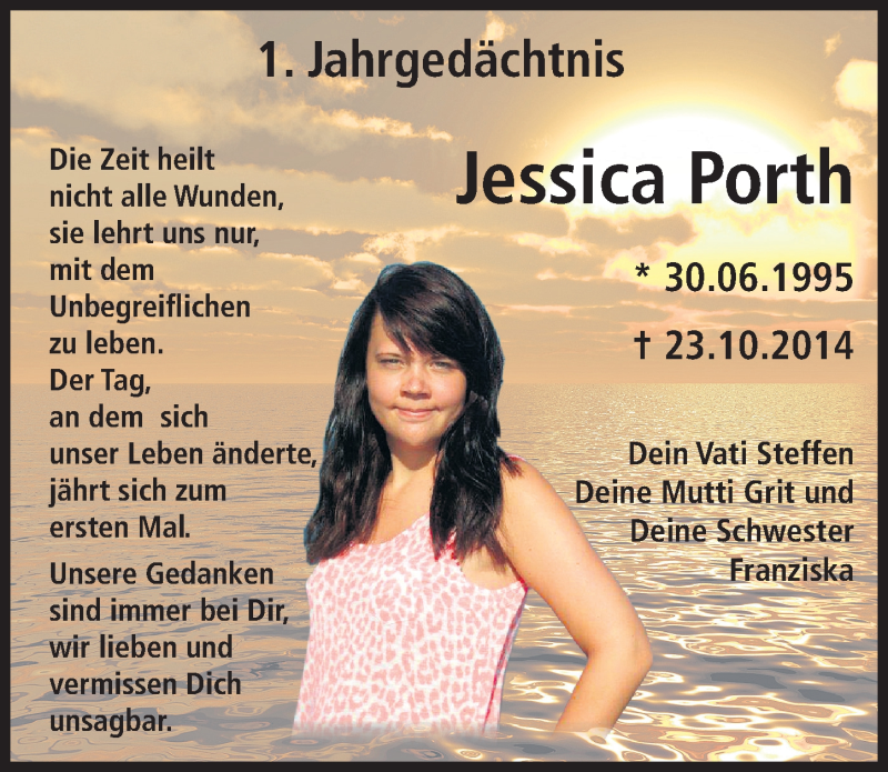  Traueranzeige für Jessica Porth vom 23.10.2015 aus Mitteldeutsche Zeitung Mansfelder Land