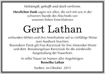Traueranzeige von Gert Lathan von Mitteldeutsche Zeitung Mansfelder Land