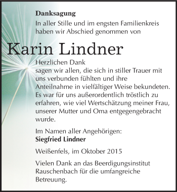 Traueranzeige von Karin Lindner von Mitteldeutsche Zeitung Weißenfels