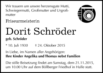 Traueranzeige von Dorit Schröder von Mitteldeutsche Zeitung Halle/Saalkreis