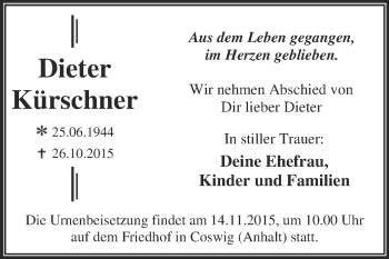Traueranzeige von Dieter Kürschner von WVG - Wochenspiegel Dessau / Köthen