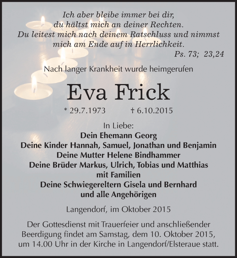  Traueranzeige für Eva Frick vom 08.10.2015 aus Mitteldeutsche Zeitung Zeitz