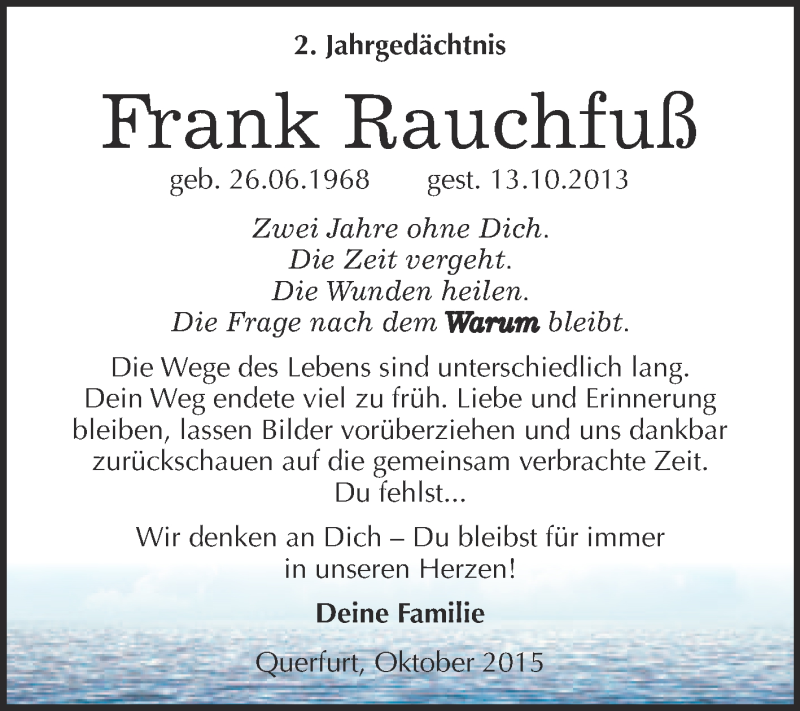  Traueranzeige für Frank Rauchfuß vom 10.10.2015 aus WVG - Wochenspiegel Merseburg