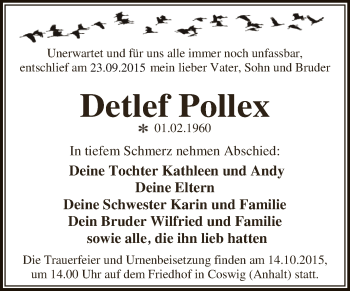 Traueranzeige von Detlef Pollex von WVG - Wochenspiegel Dessau / Köthen