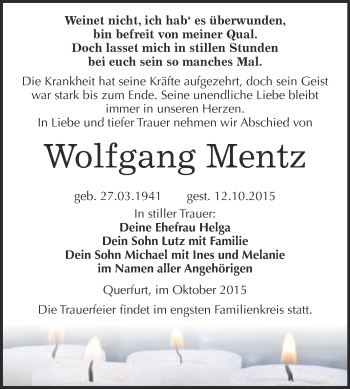 Traueranzeige von Wolfgang Mentz von WVG - Wochenspiegel NMB / WSF / ZTZ