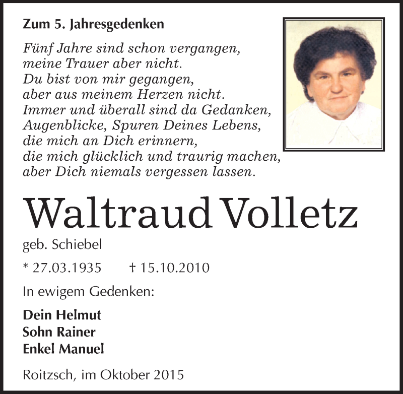 Traueranzeige für Waltraud Volletz vom 15.10.2015 aus Mitteldeutsche Zeitung Bitterfeld