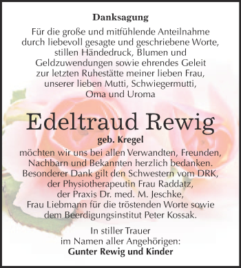 Traueranzeige von Edeltraud Rewig von Super Sonntag Wittenberg