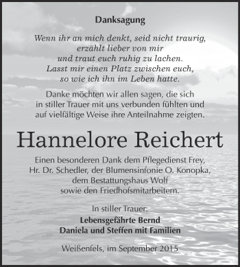 Traueranzeige von Hannelore Reichert von WVG - Wochenspiegel NMB / WSF / ZTZ